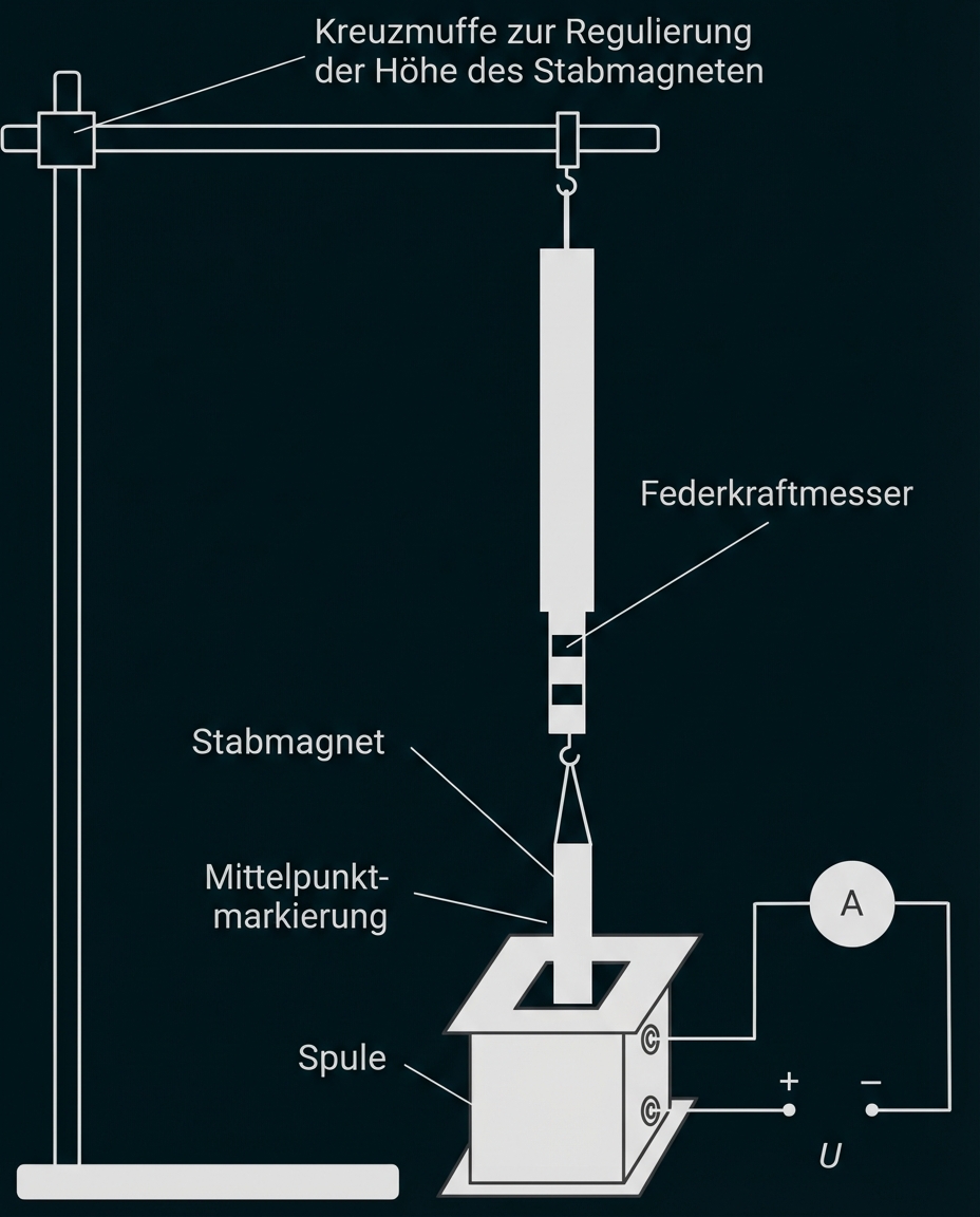 Versuchsaufbau: Stativ mit hängendem Stabmagnet über einer Spule, Federkraftmesser und Messkreis.